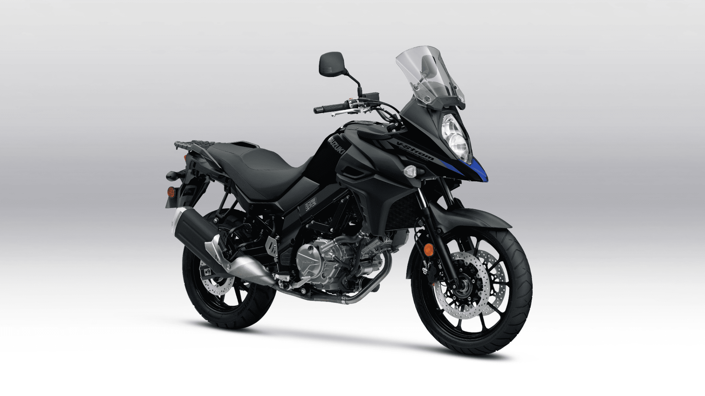 Black 2025 Suzuki SV650 sport motorcycle studio shot highlighting frame and performance design.
