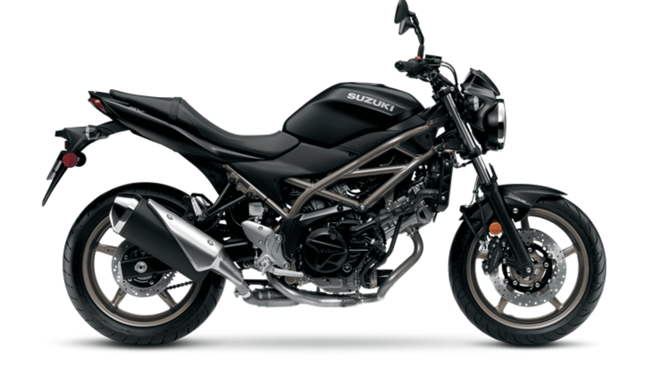 Side profile of the 2025 Suzuki SV650 street motorcycle emphasizing its sporty stance and dual exhaust system.